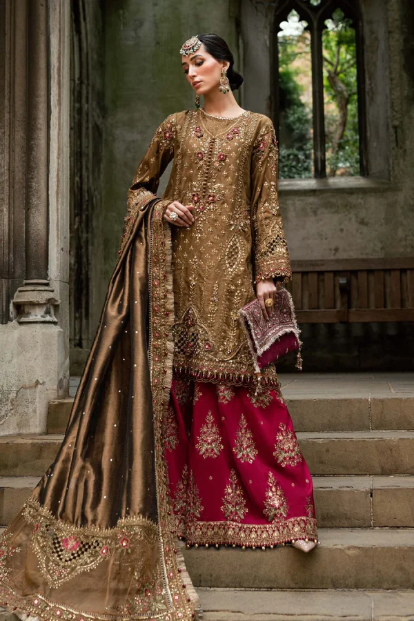 3 Piece Embroidered Raw Silk Suit | WF-09-04-Tambaku Brown